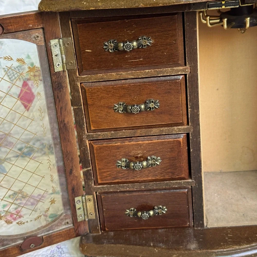 Vintage Wooden Jewelry Armoire Box Etched Glass Carousel Drawers Keepsake MCM